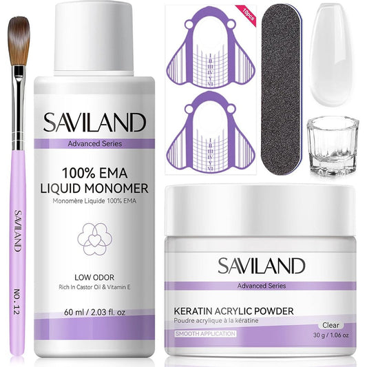 Saviland Acrylic Nail Kit for Beginners front view showing the clear acrylic powder jar and liquid monomer bottle