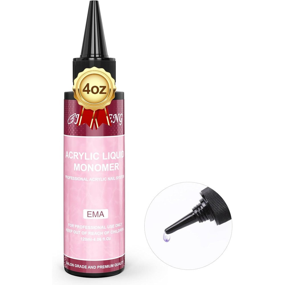 JIASHENG Monomer Acrylic Nail Liquid front view of the professional four ounce bottle with easy pour spout.