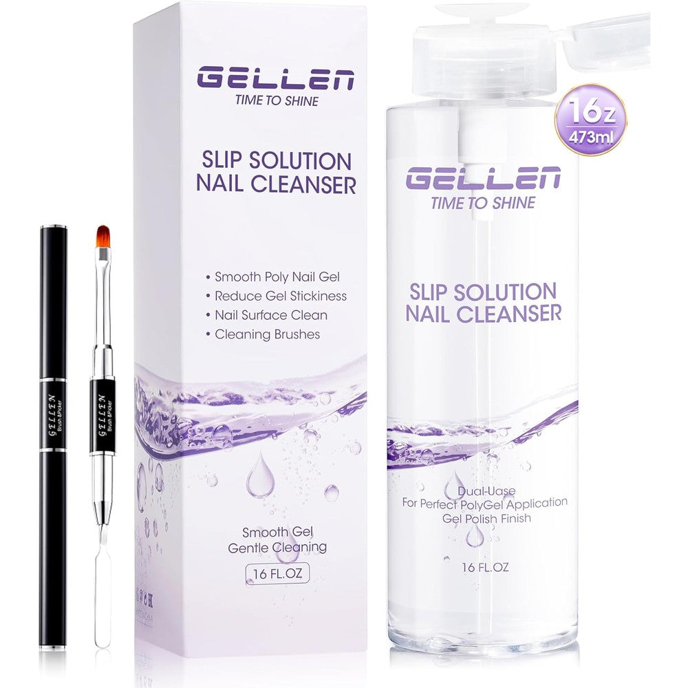 Gellen Polygel Slip Solution front view of the sixteen ounce pump bottle with included dual-ended nail brush.