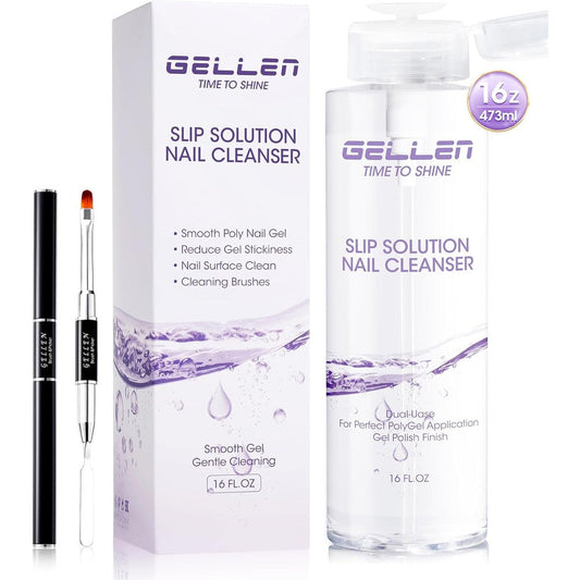 Gellen Polygel Slip Solution front view of the sixteen ounce pump bottle with included dual-ended nail brush.