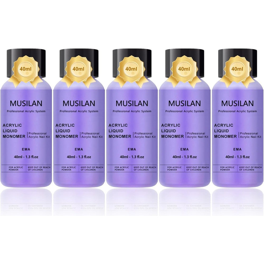 Musilan Professional Acrylic System liquid monomer five piece package front view showing authentic product bottles.