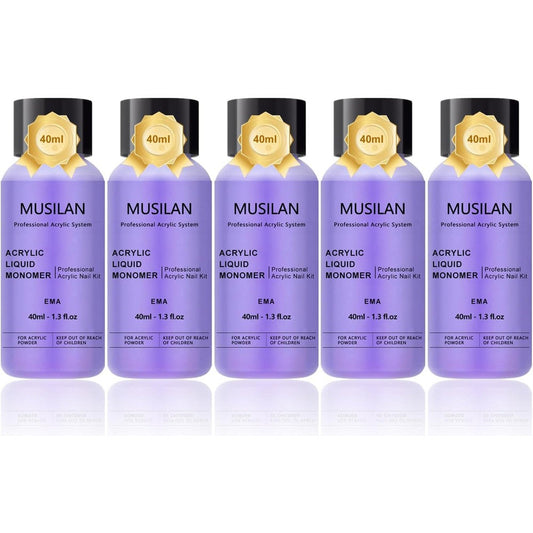Musilan Professional Acrylic System liquid monomer five piece package front view showing authentic product bottles.