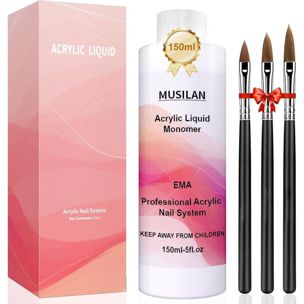 MUSILAN monomer acrylic nail liquid one hundred fifty milliliter bottle front view showing brand packaging.