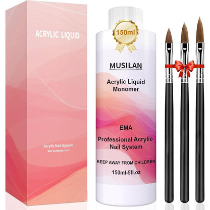 MUSILAN monomer acrylic nail liquid one hundred fifty milliliter bottle front view showing brand packaging.