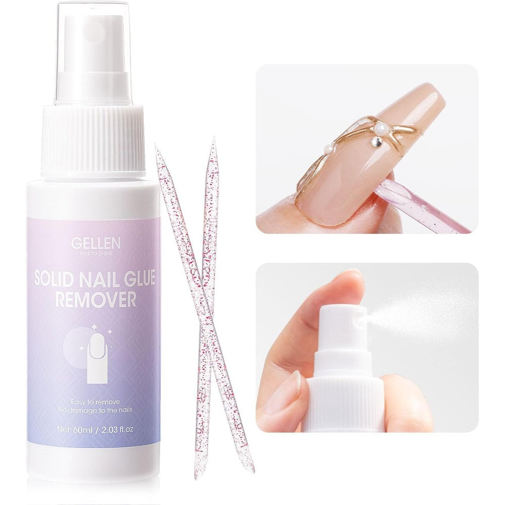 Gellen Solid Gel Nail Glue Remover Spray front view bottle pack with removal sticks