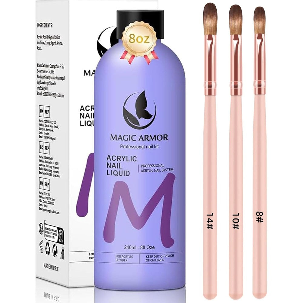 Magic Armor EMA Monomer Acrylic Nail Liquid front view with three professional applicator brushes.