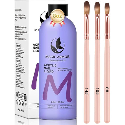 Magic Armor EMA Monomer Acrylic Nail Liquid front view with three professional applicator brushes.