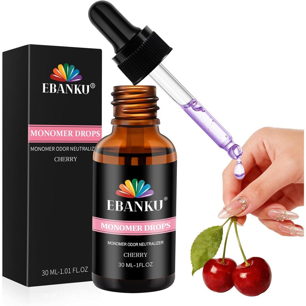 EBANKU Monomer Drops Cherry Scent 30ml front view bottle with dropper cap for acrylic nail odor control.