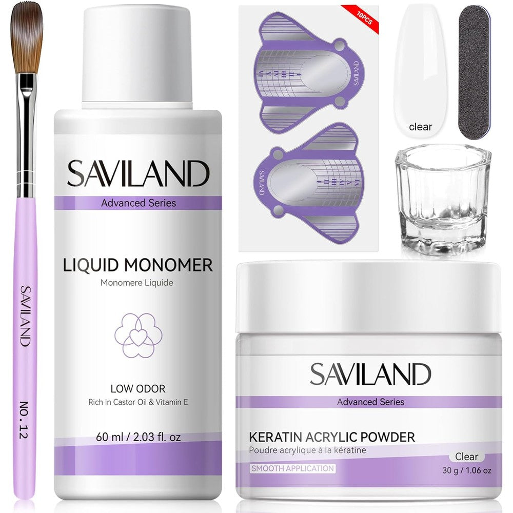 Saviland Acrylic Nail Kit for beginners featuring clear powder and monomer bottle.