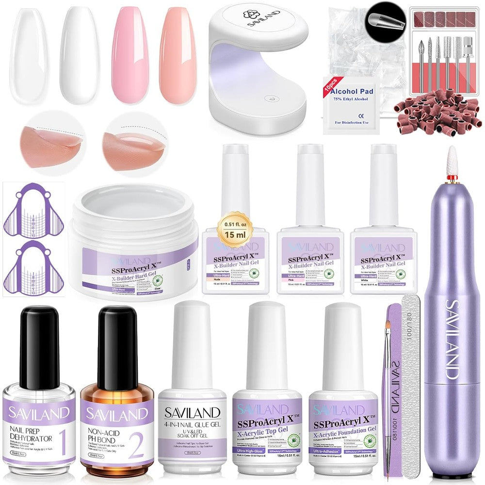 Saviland Builder Nail Gel Kit with electric nail drill and UV lamp front view