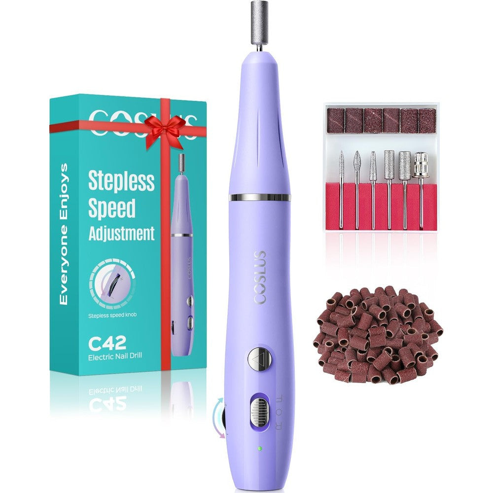 COSLUS Cordless Electric Nail Drill front view showing purple ergonomic body and stepless speed knob
