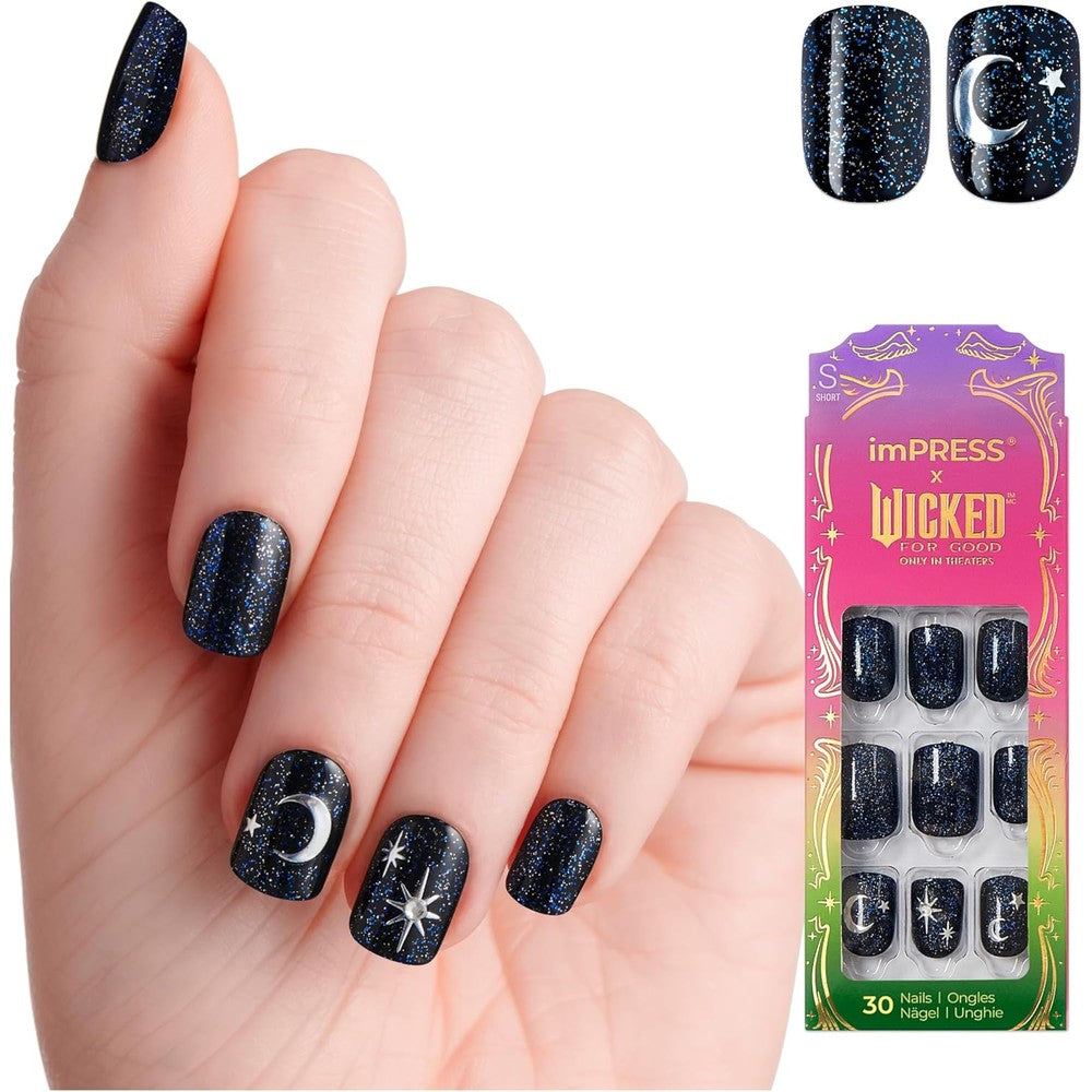 Kiss imPRESS x WICKED For Good blue press-on nails front view