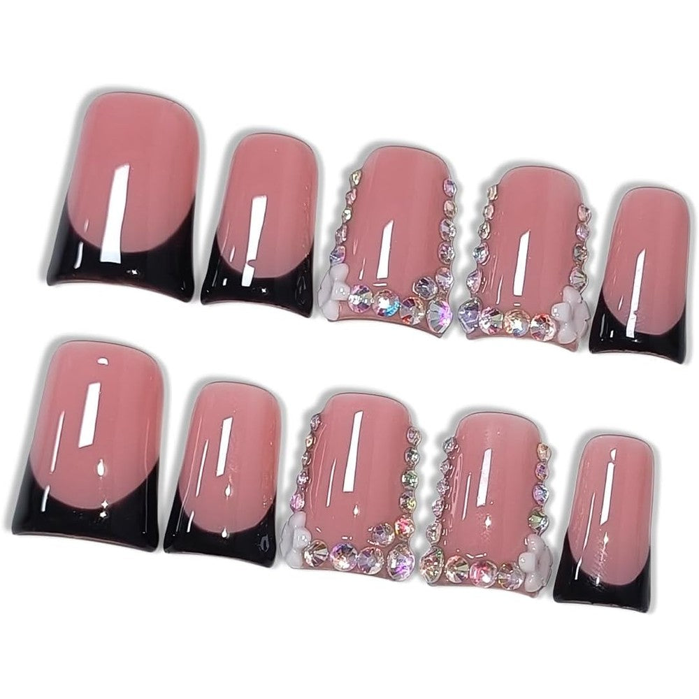 Hantyer French Glam press on nails with black tips and rhinestones front view
