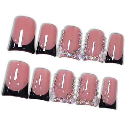 Hantyer French Glam press on nails with black tips and rhinestones front view