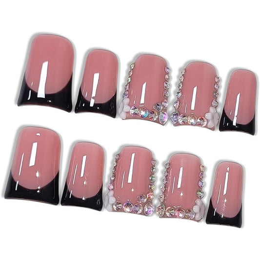 Hantyer French Glam press on nails with black tips and rhinestones front view