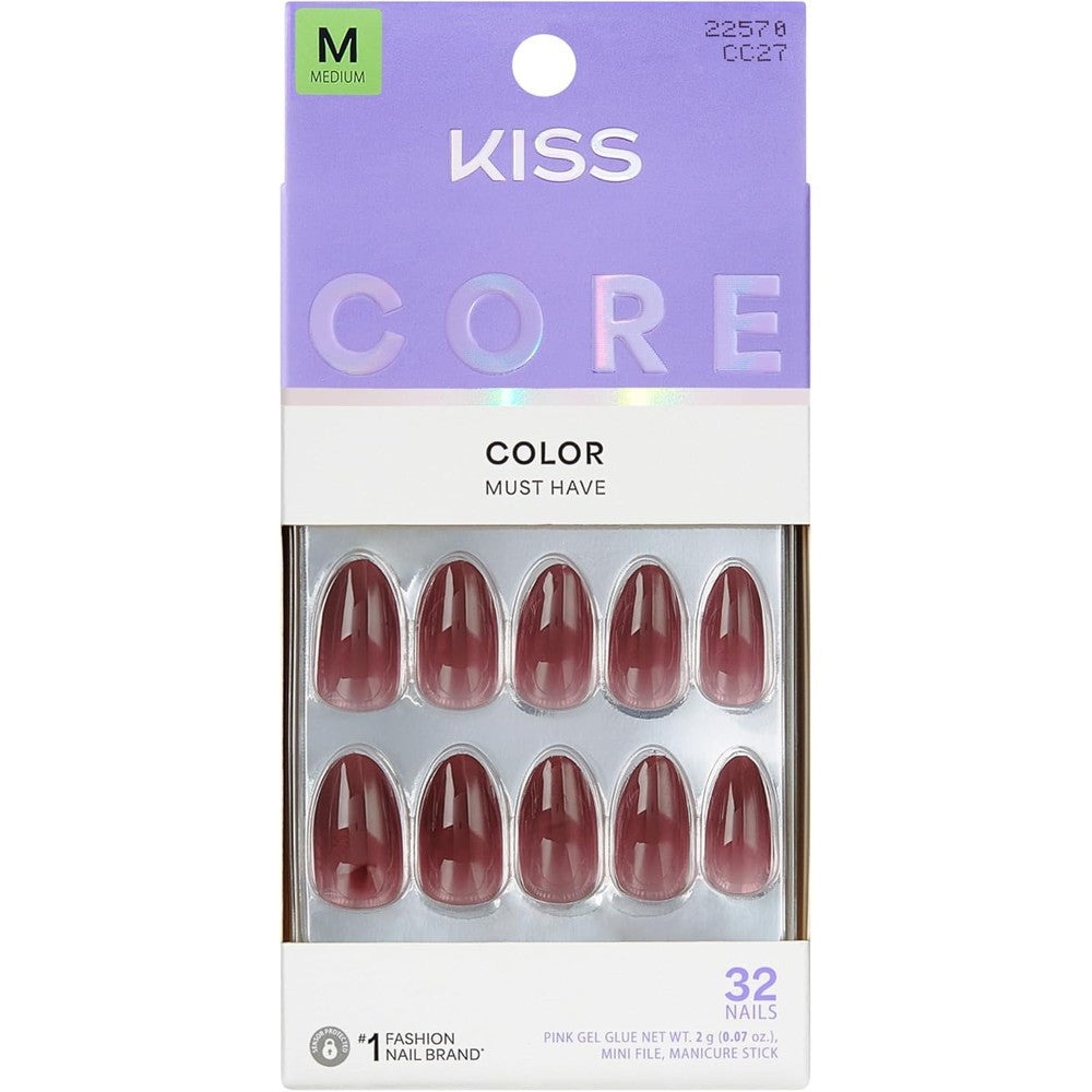 Kiss Core press-on nails Pinot Noir red almond front view