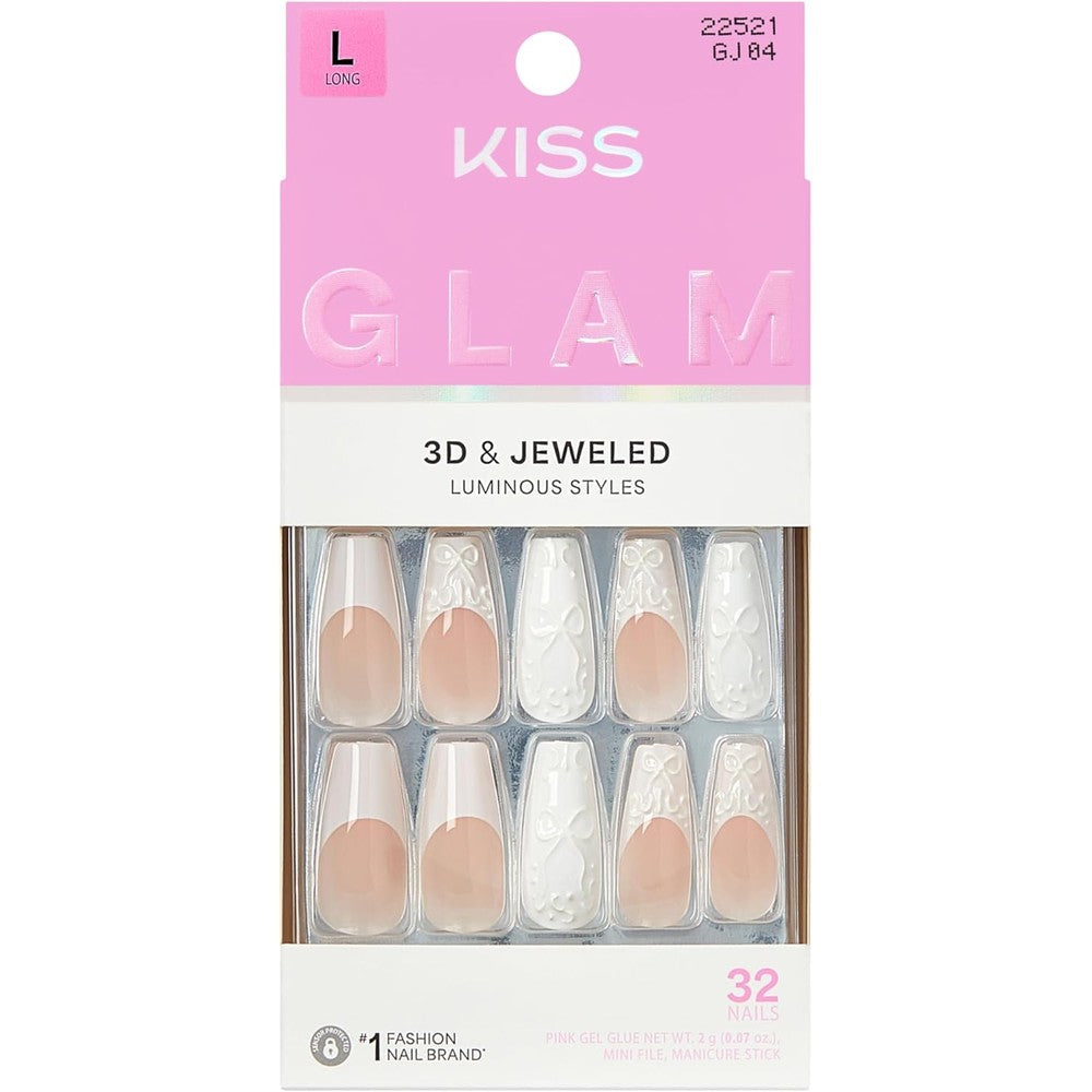 Kiss Glam Breath Of Harmony long coffin white nails front view