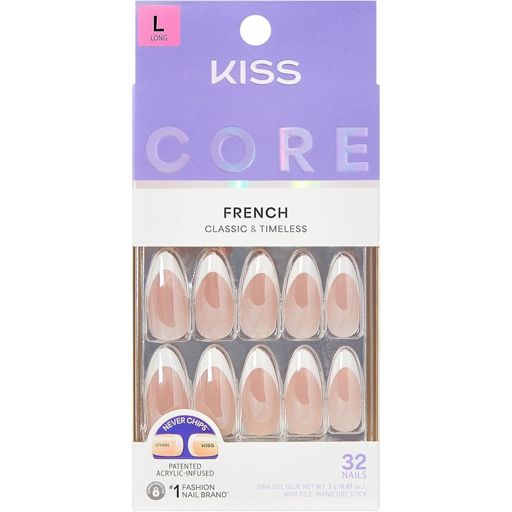 Kiss Core press on nails Fascinating white long almond set front view