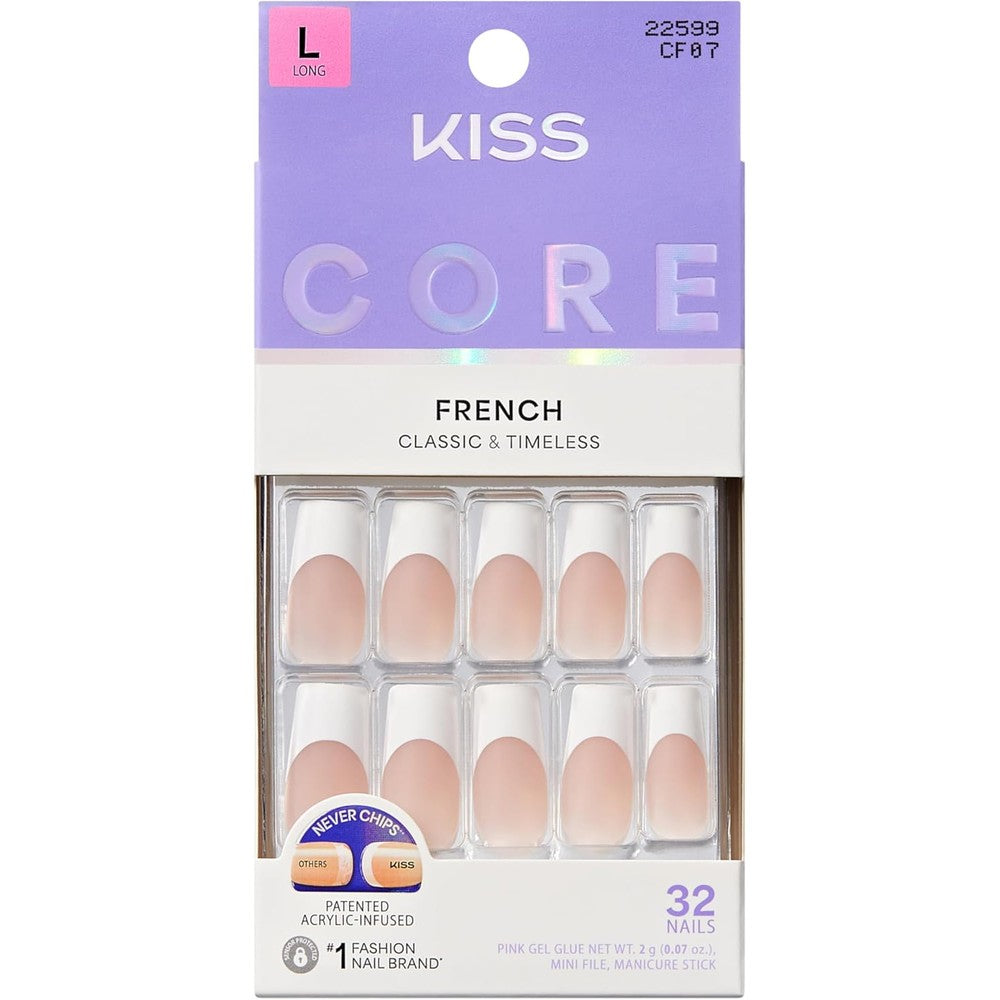 Kiss Core press on nails Every Minute long square white tips front view