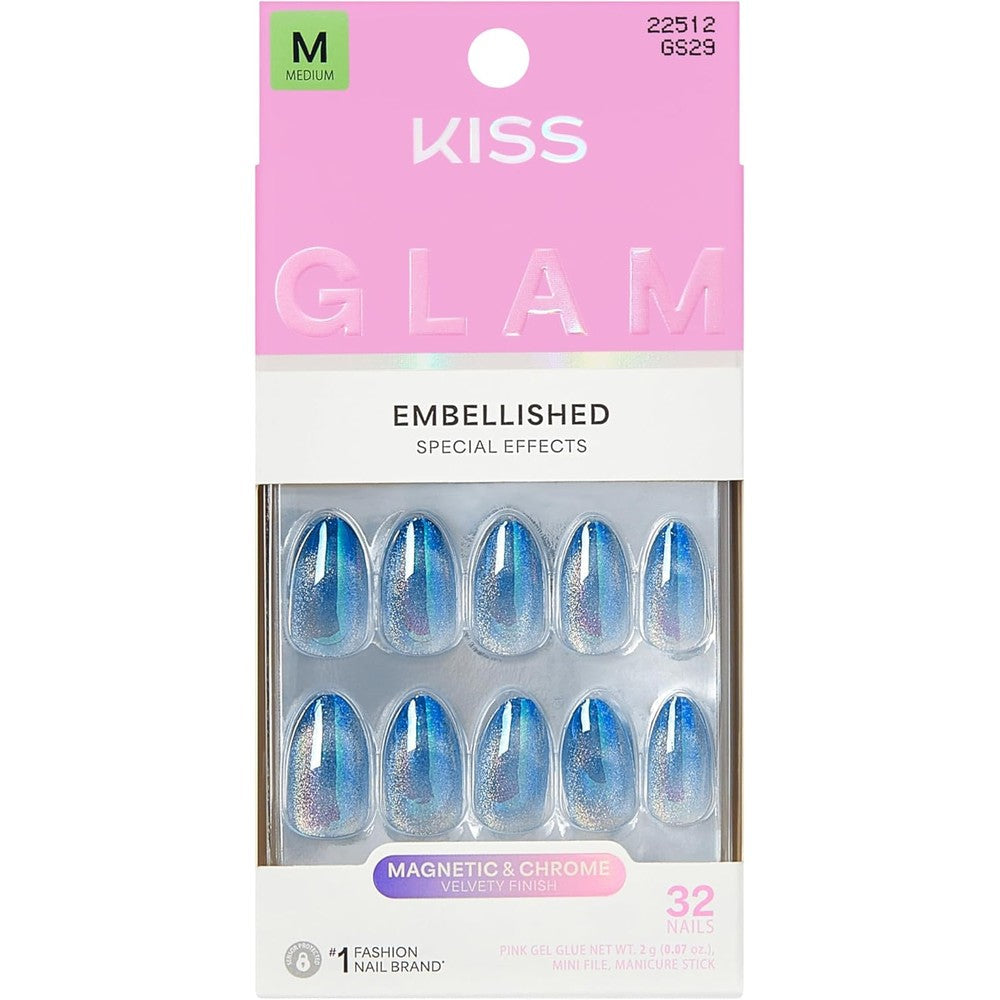 Kiss Glam Glow Forever blue almond press on nails front view