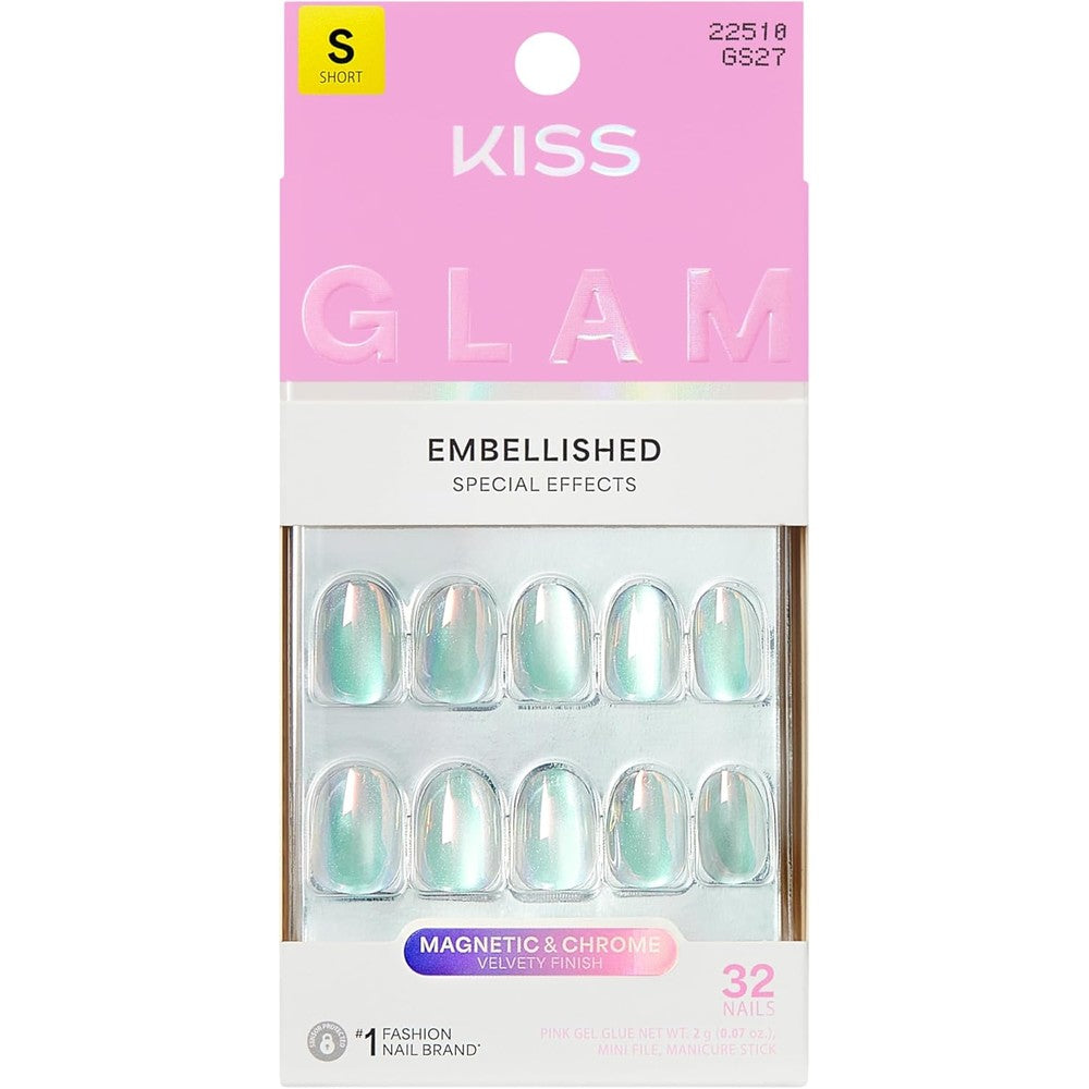 Kiss Glam Celestique blue short round press-on nails front view