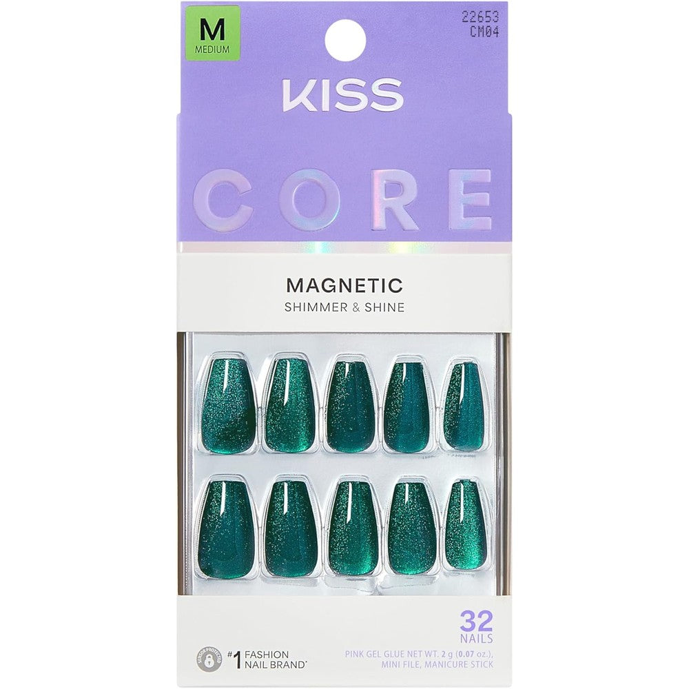 Kiss Core magnetic shimmering green coffin nails front view