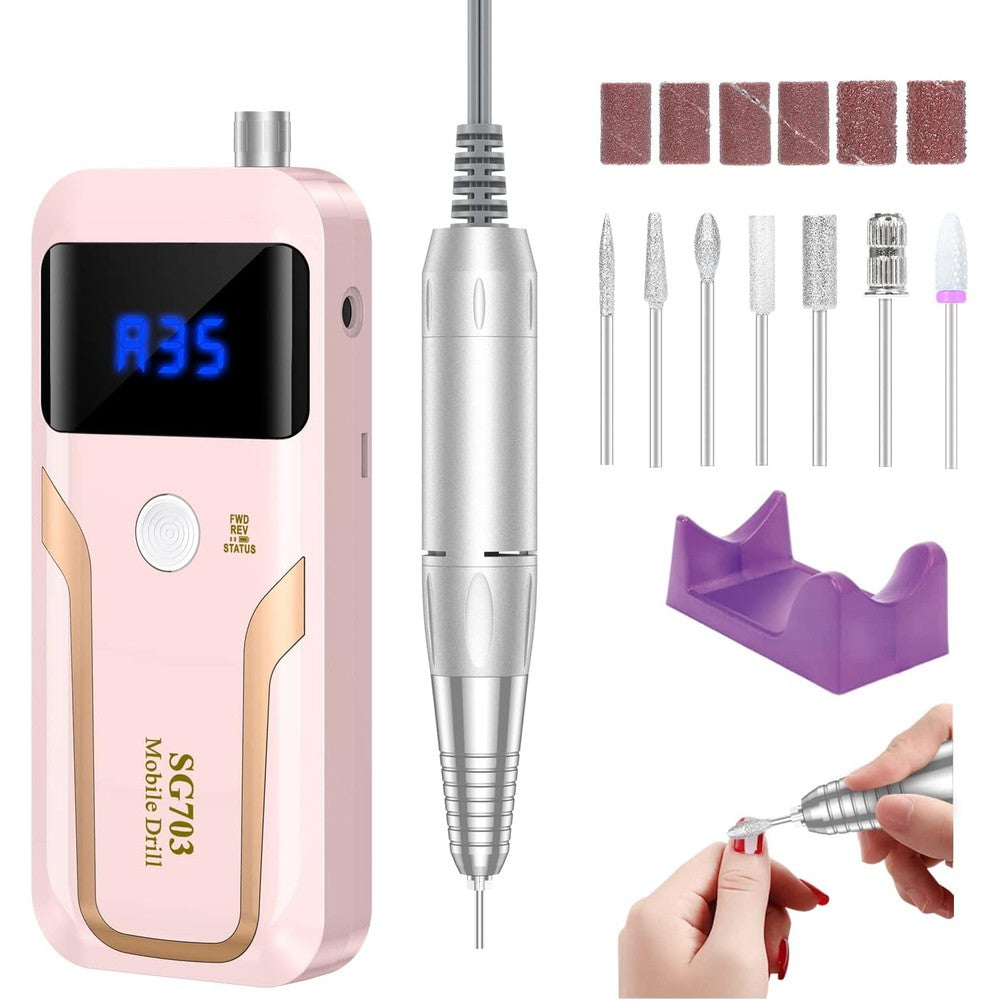 Mocowind portable nail drill professional 35000 RPM front view pink