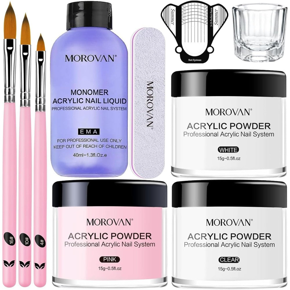 Morovan acrylic nail kit front view with powder jars and tools