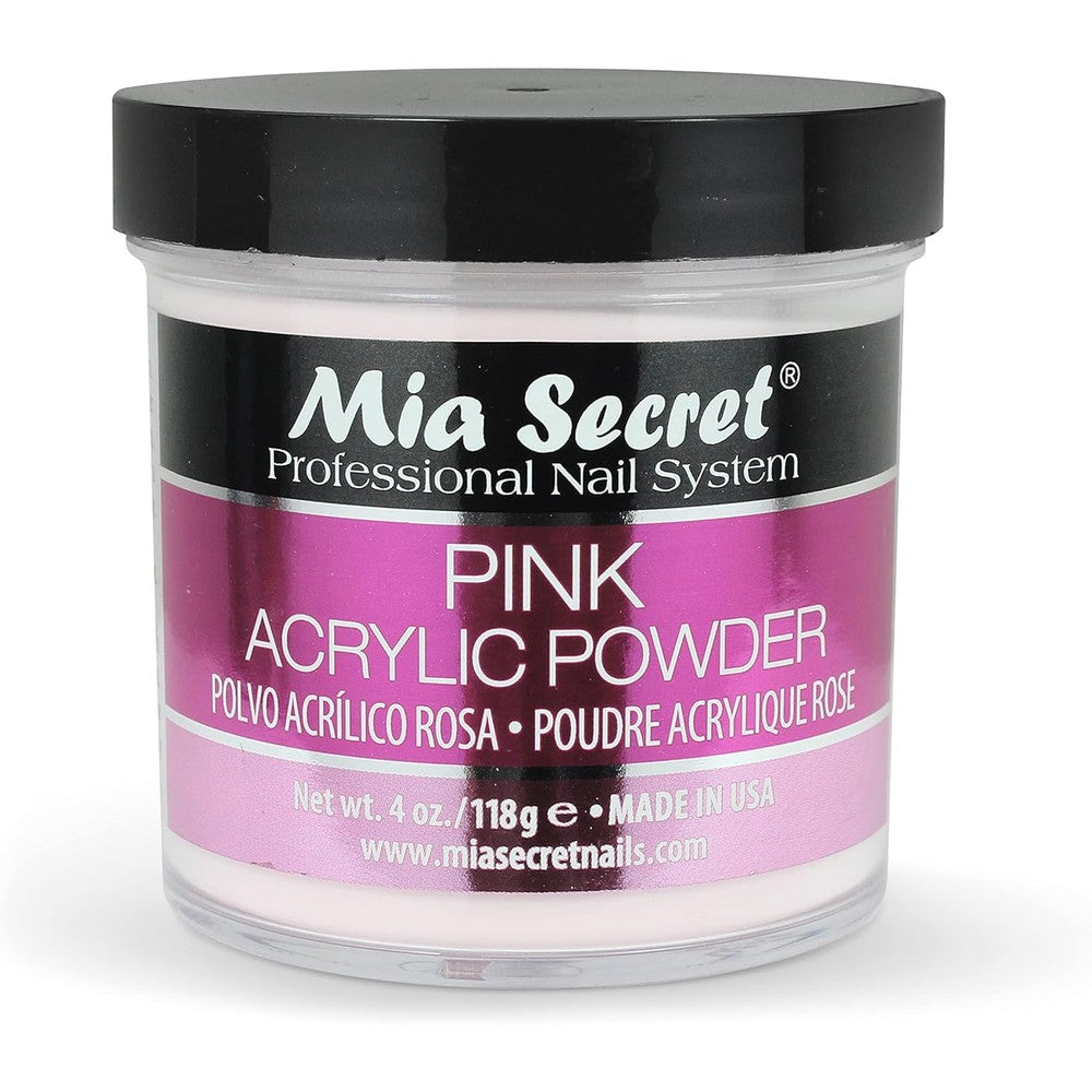 Mia Secret Pink Acrylic Powder four ounce jar front view showcasing authentic professional nail system packaging.