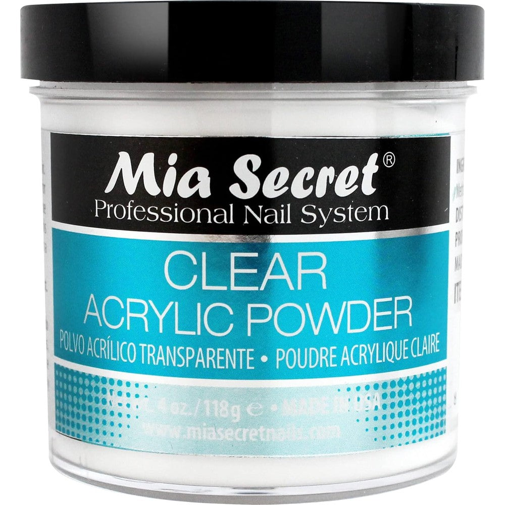 Mia Secret Clear Acrylic Powder four ounce container front view on professional salon desk