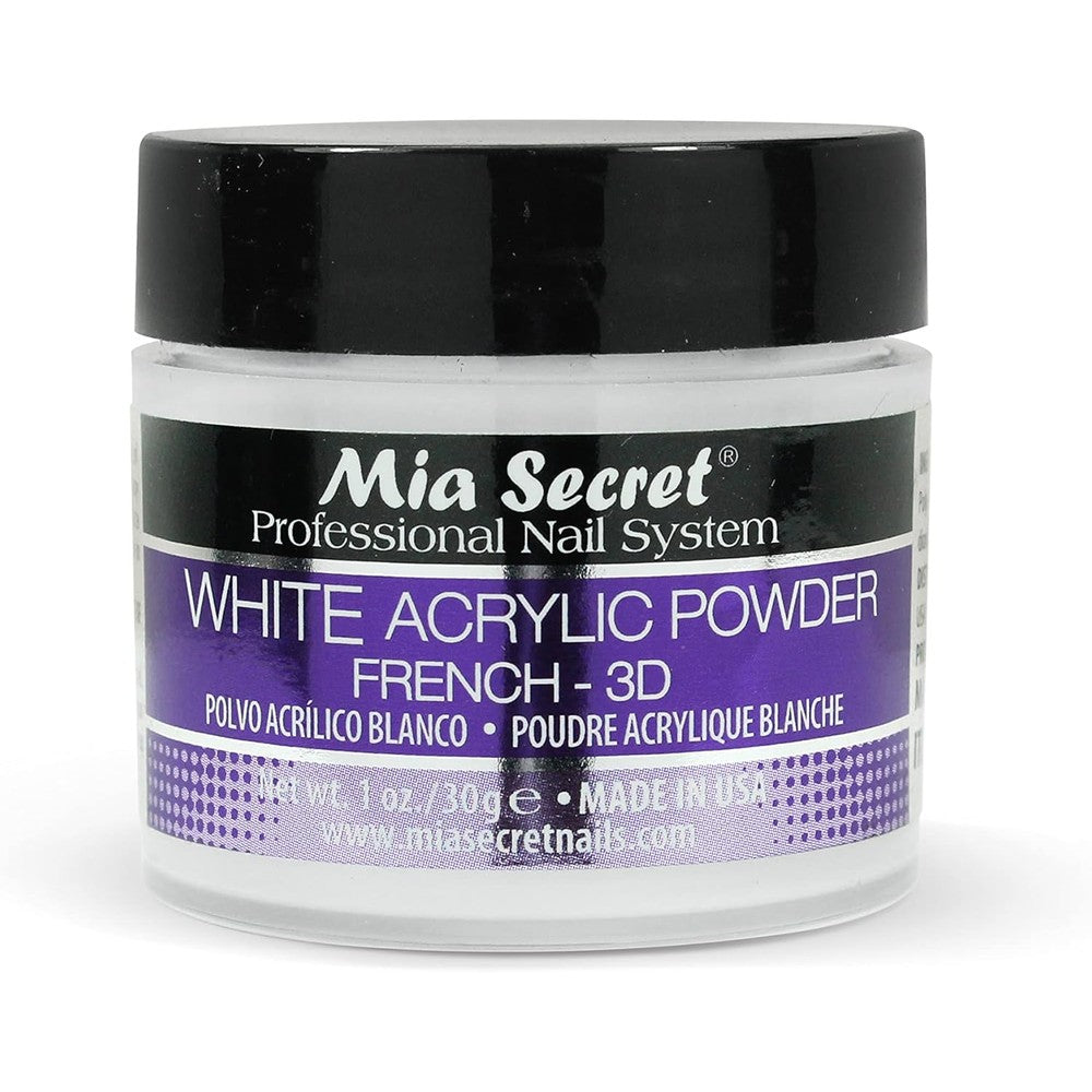 Mia Secret White Acrylic Powder 1 Ounce jar front view showing professional packaging.