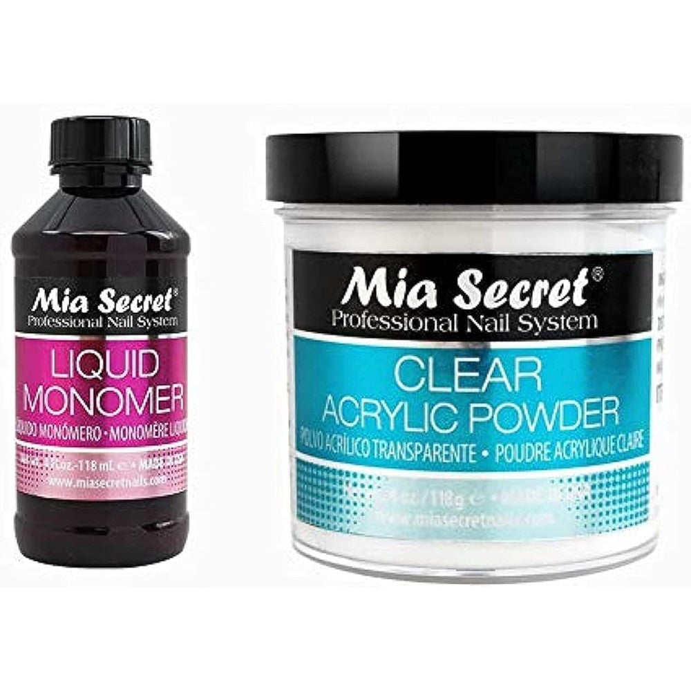 Mia Secret Liquid Monomer and Clear Acrylic Powder front view combo pack packaging.