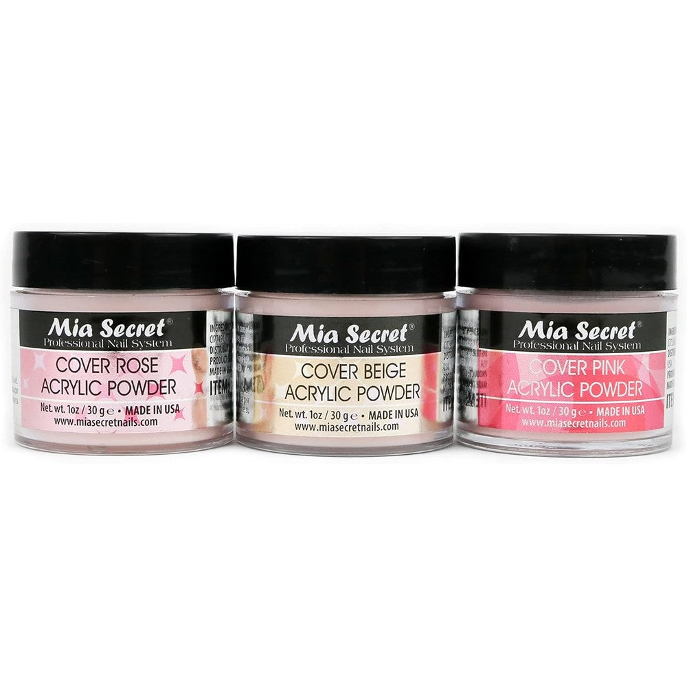 Mia Secret Cover Acrylic Powder Three Piece Set containing Pink Beige and Rose jars in a front view layout.