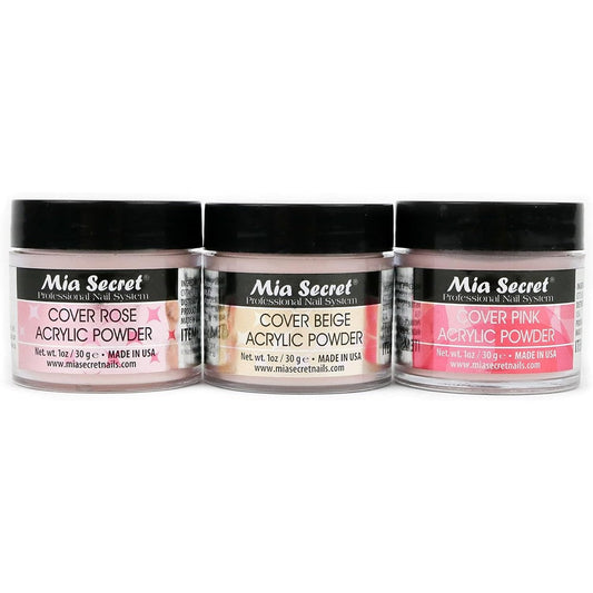 Mia Secret Cover Acrylic Powder Three Piece Set containing Pink Beige and Rose jars in a front view layout.