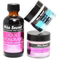Mia Secret professional acrylic nail system set front view with liquid monomer bottle and powders