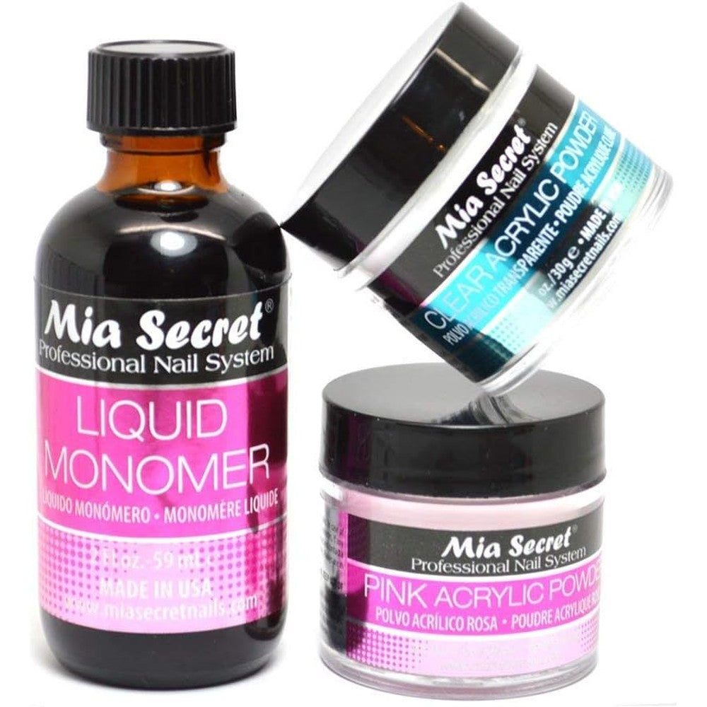 Mia Secret professional acrylic nail system set featuring liquid monomer bottle and powder jars front view