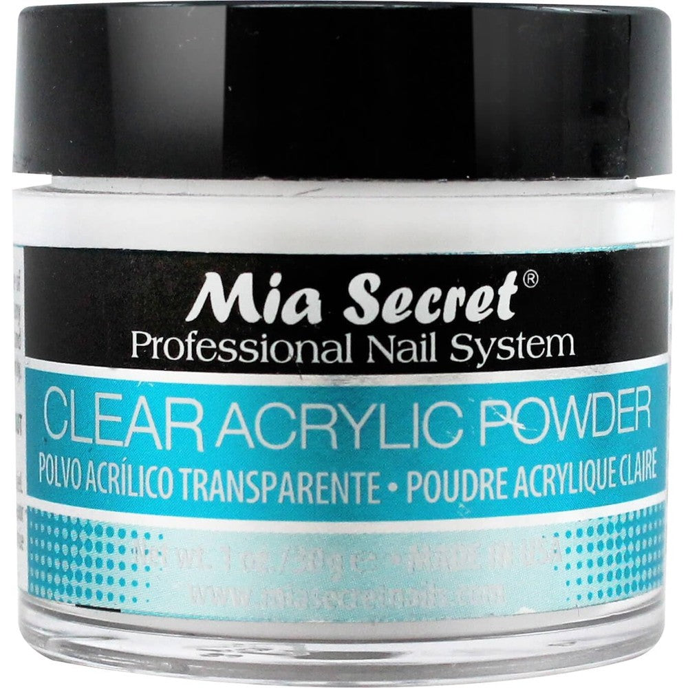 Mia Secret Clear Acrylic Powder 1 Ounce jar front view showing professional nail art system packaging