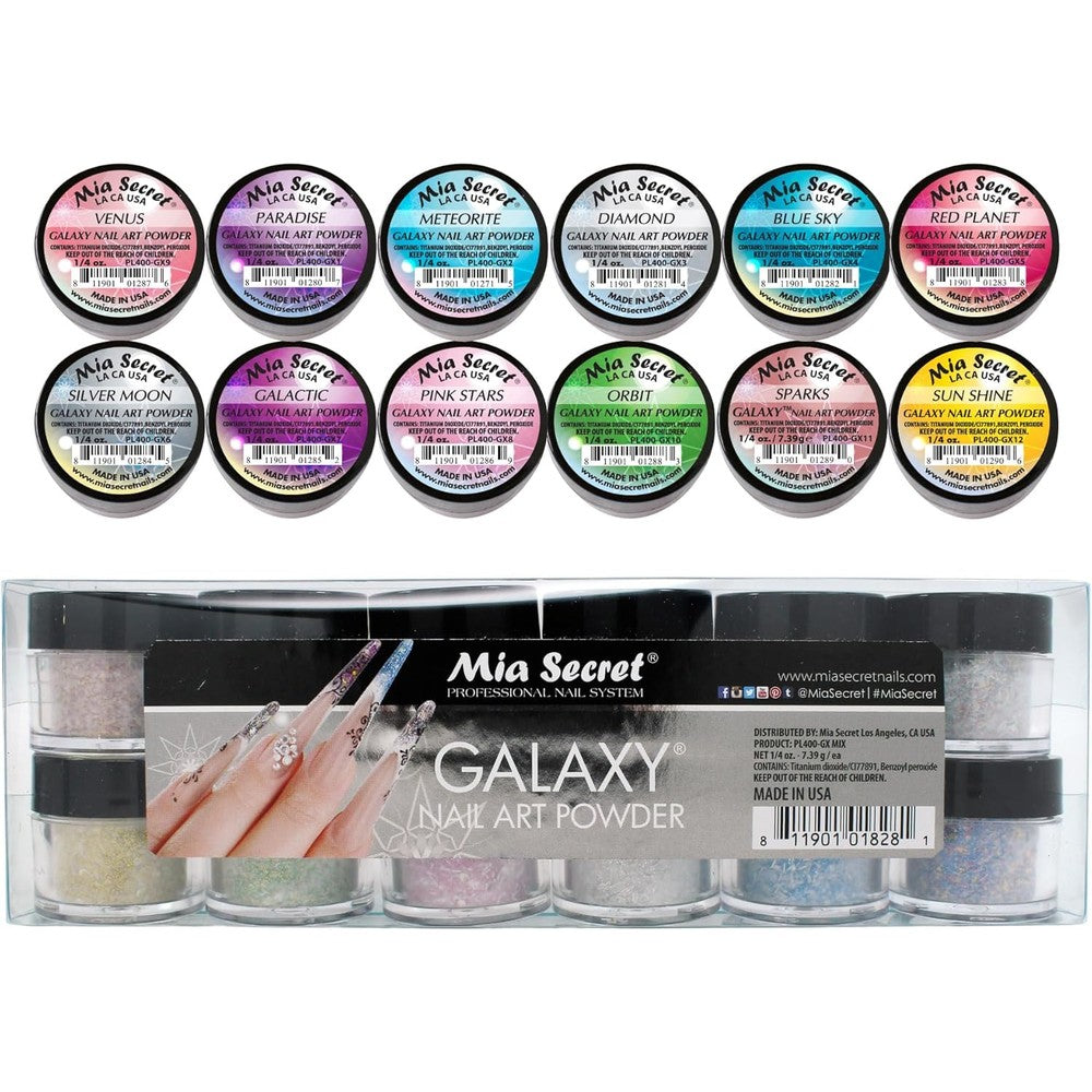Mia Secret EspaÃ±a Galaxy Nail Art Powder Collection front view of the professional twelve piece box set