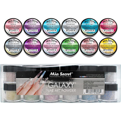 Mia Secret EspaÃ±a Galaxy Nail Art Powder Collection front view of the professional twelve piece box set