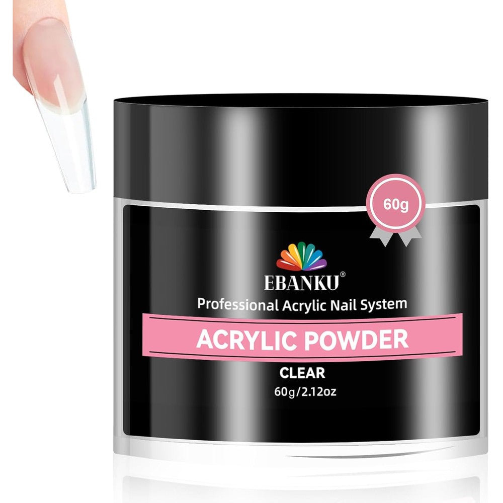 Ebanku Clear Acrylic Powder 60g jar front view for professional nail extensions