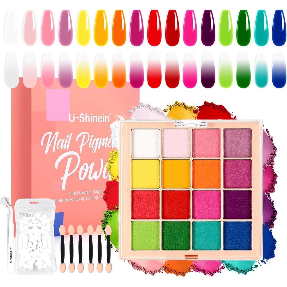 U-Shinein nail pigment powder palette with 16 vibrant colors