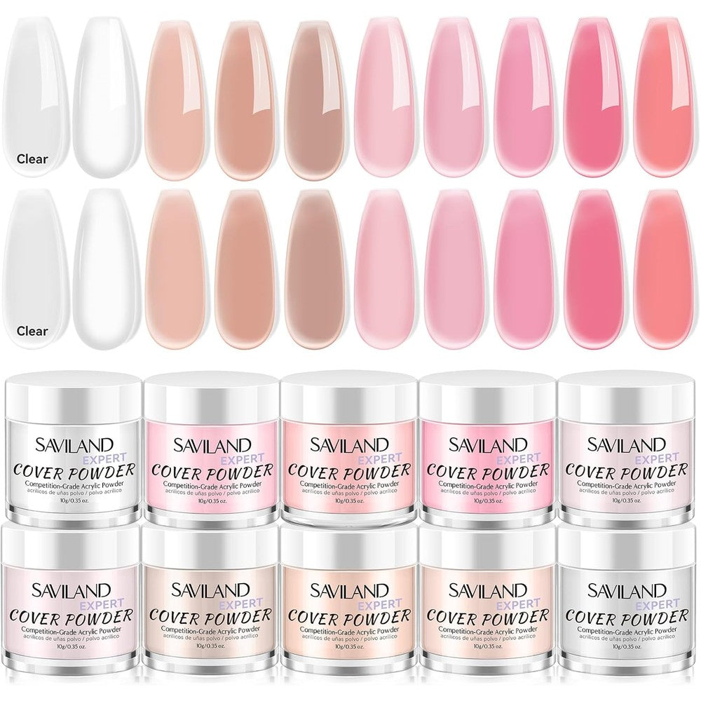 Saviland Acrylic Powder Set featuring 10 pots of nude and pink nail powder.