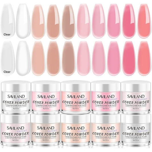 Saviland Acrylic Powder Set featuring 10 pots of nude and pink nail powder.