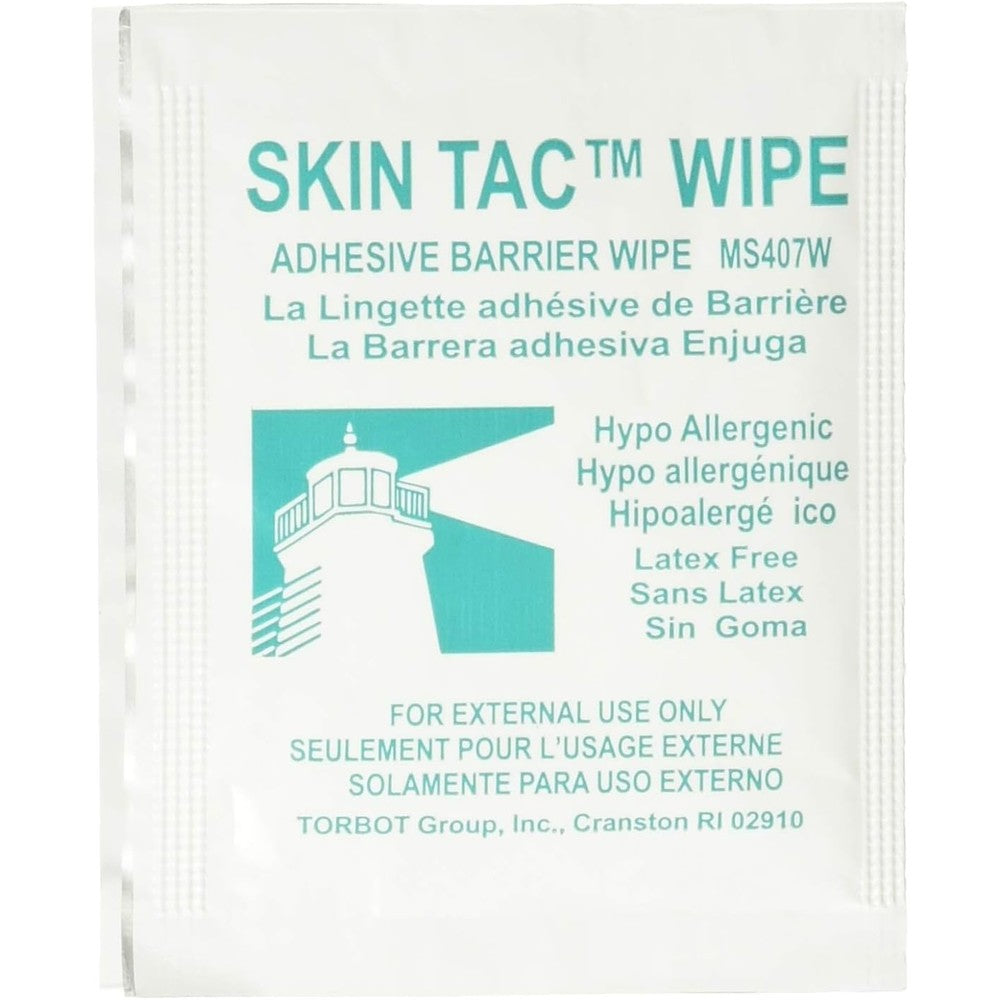 Torbot Skin-Tac-H Adhesive Barrier Wipes 50 count box front view for ostomy care.