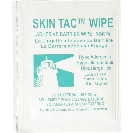 Torbot Skin-Tac-H Adhesive Barrier Wipes 50 count box front view for ostomy care.