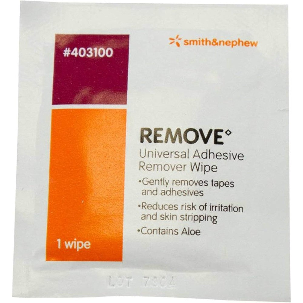 Smith and Nephew Remove Adhesive Remover Wipes 50 count box front view for medical residue cleaning.