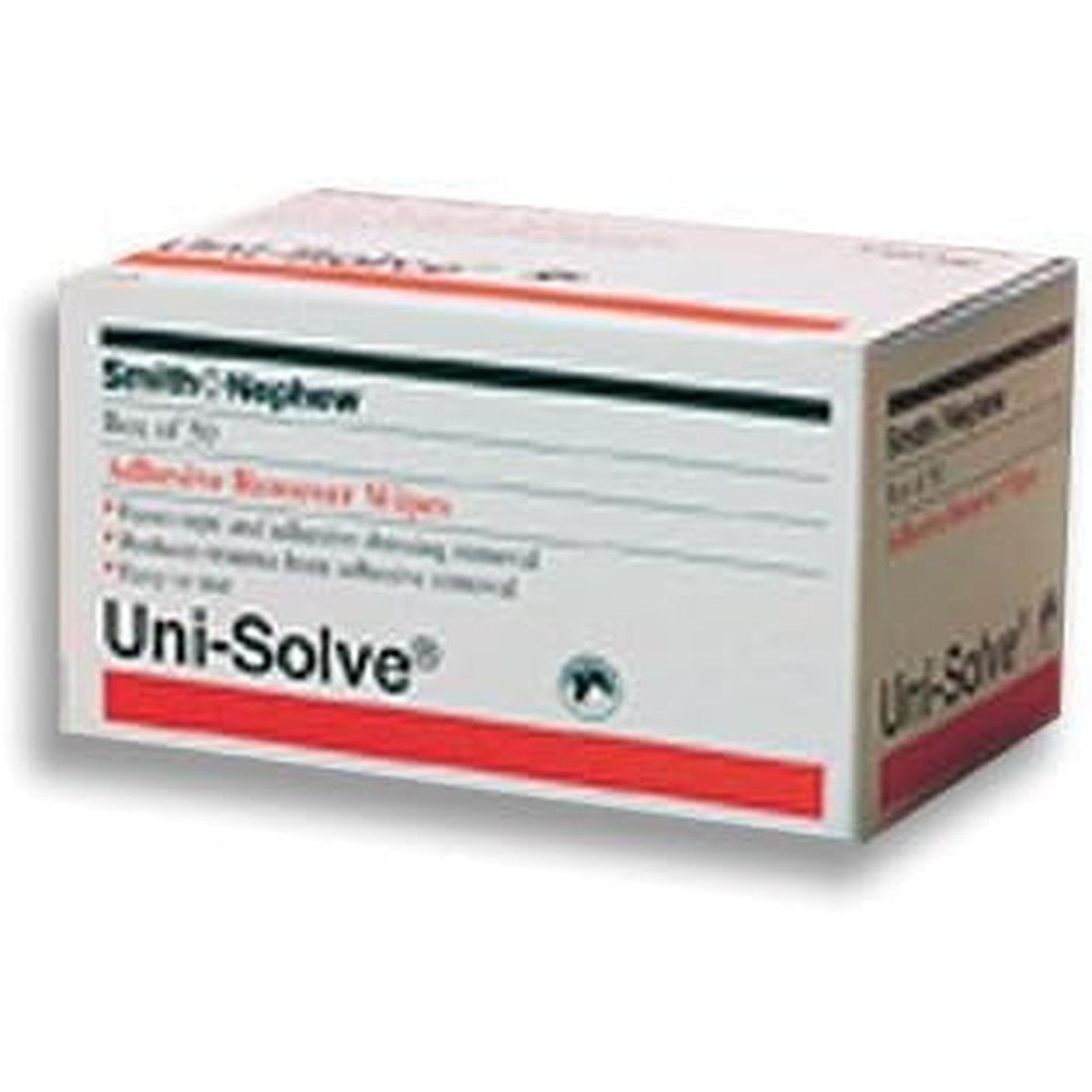 Uni-Solve Adhesive Remover Wipes box of 50 front view medical grade adhesive solvent.