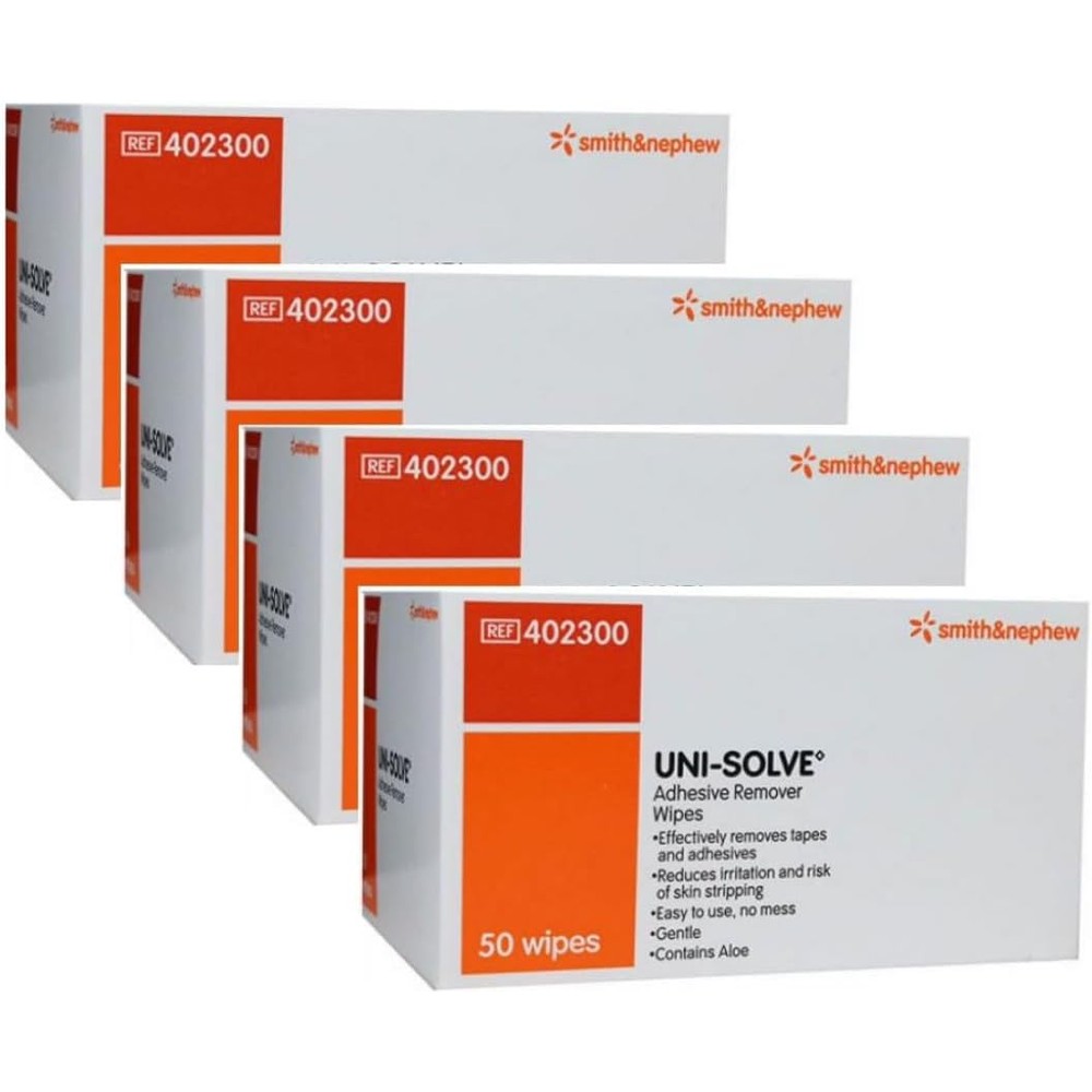 Smith and Nephew Uni-Solve adhesive remover wipes front box view for medical tape removal