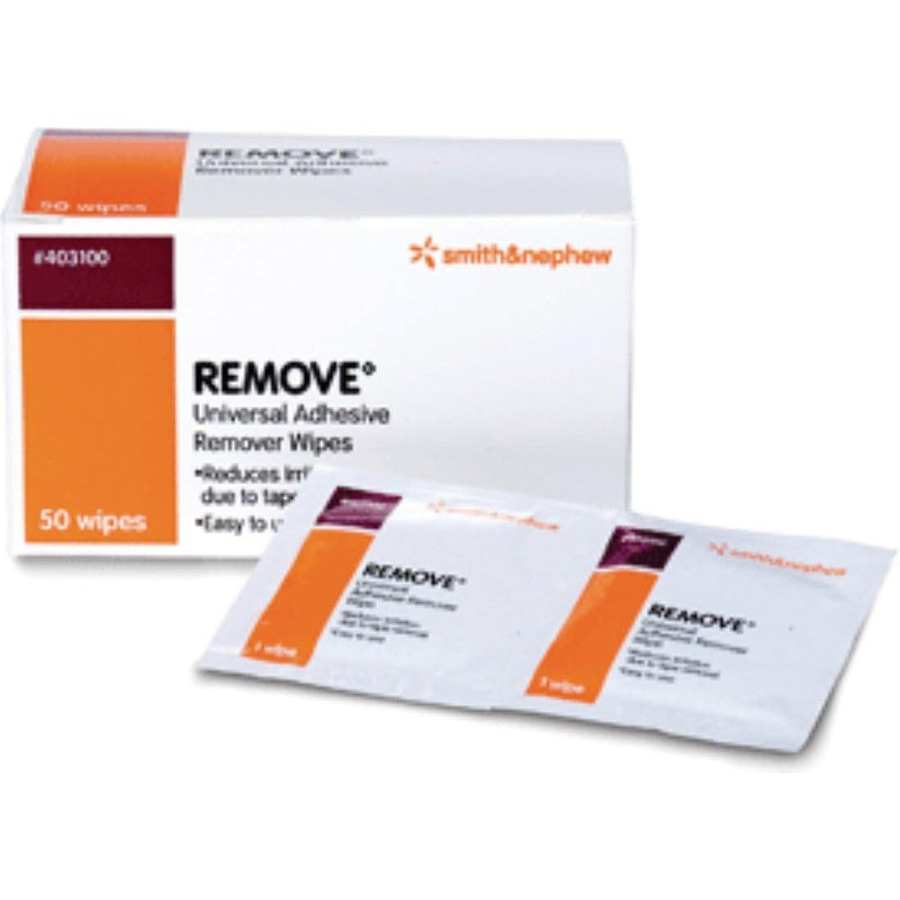 Smith and Nephew Remove Adhesive Remover Wipes 403100 box front view for medical skin care.