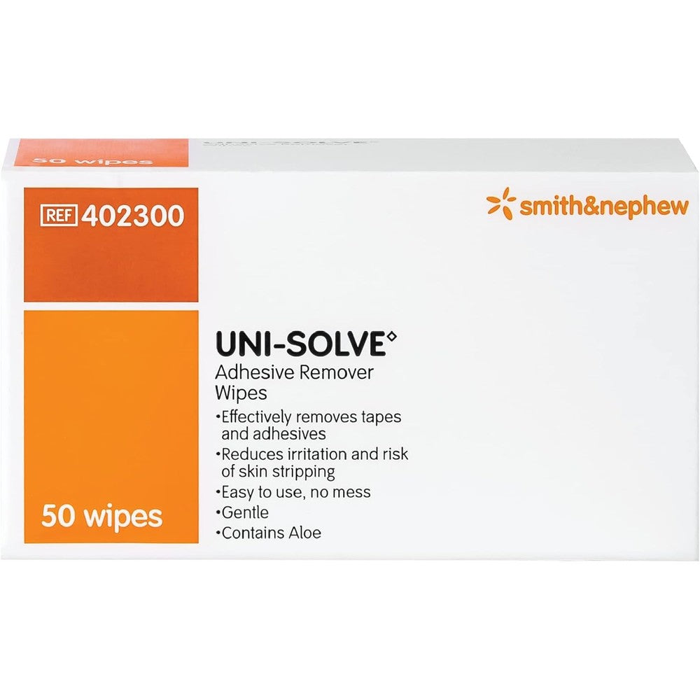 Smith and Nephew Uni-Solve Adhesive Remover Wipes front view box of 50